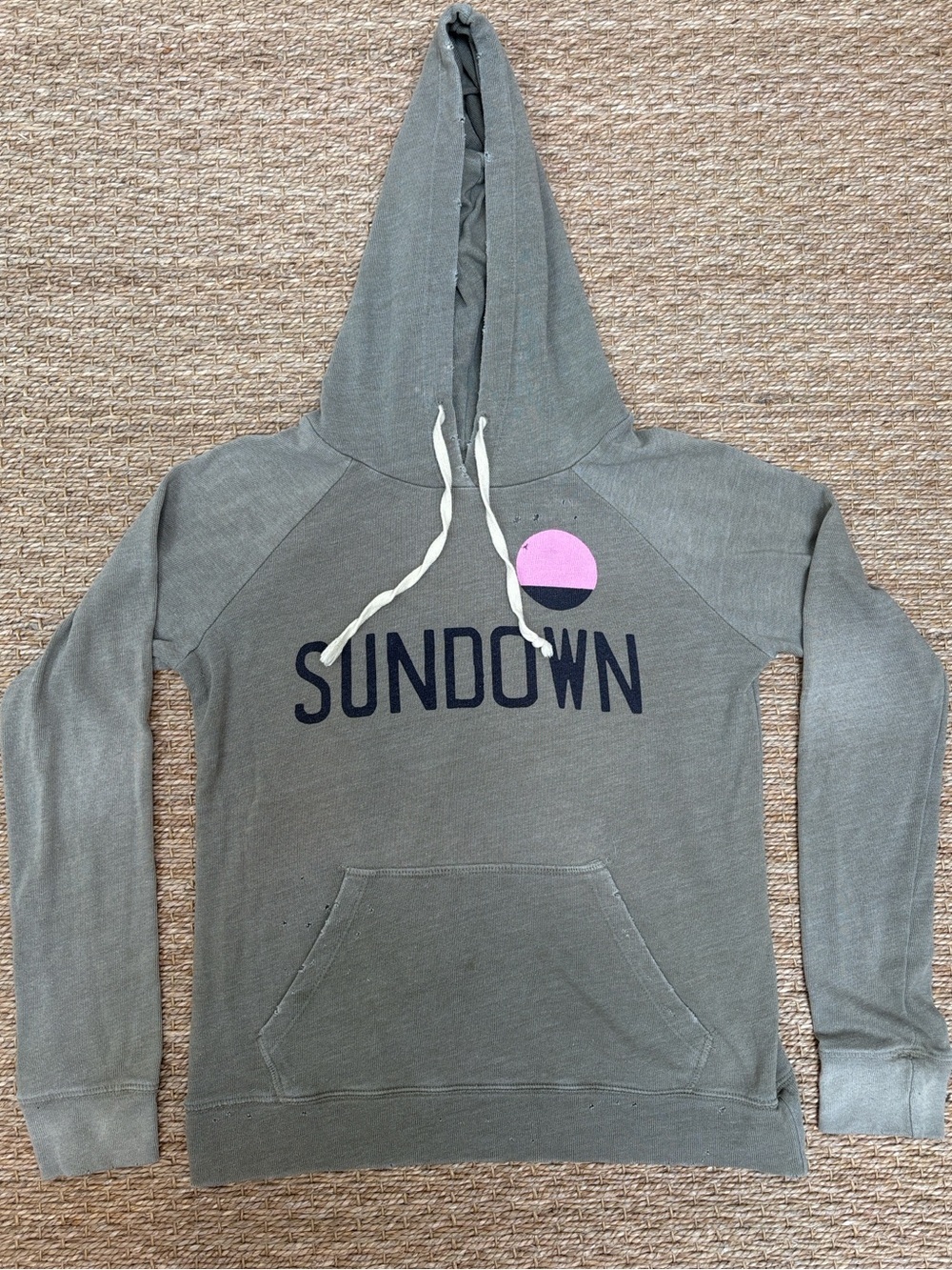 Sundry Sundown Graphic Print Olive Green Distressed Pullover Hoodie Size 1